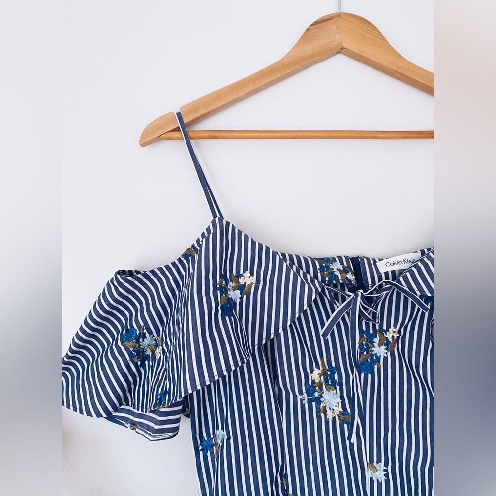💕NWOT Calvin Klein Embroidery Floral Striped Cotton Cold Shoulder Dixie Prints - Picture 6 of 11